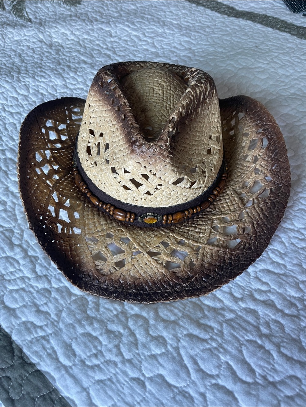 Beaded Trim Woven Straw Cowboy Hat - Two-Tone Brown